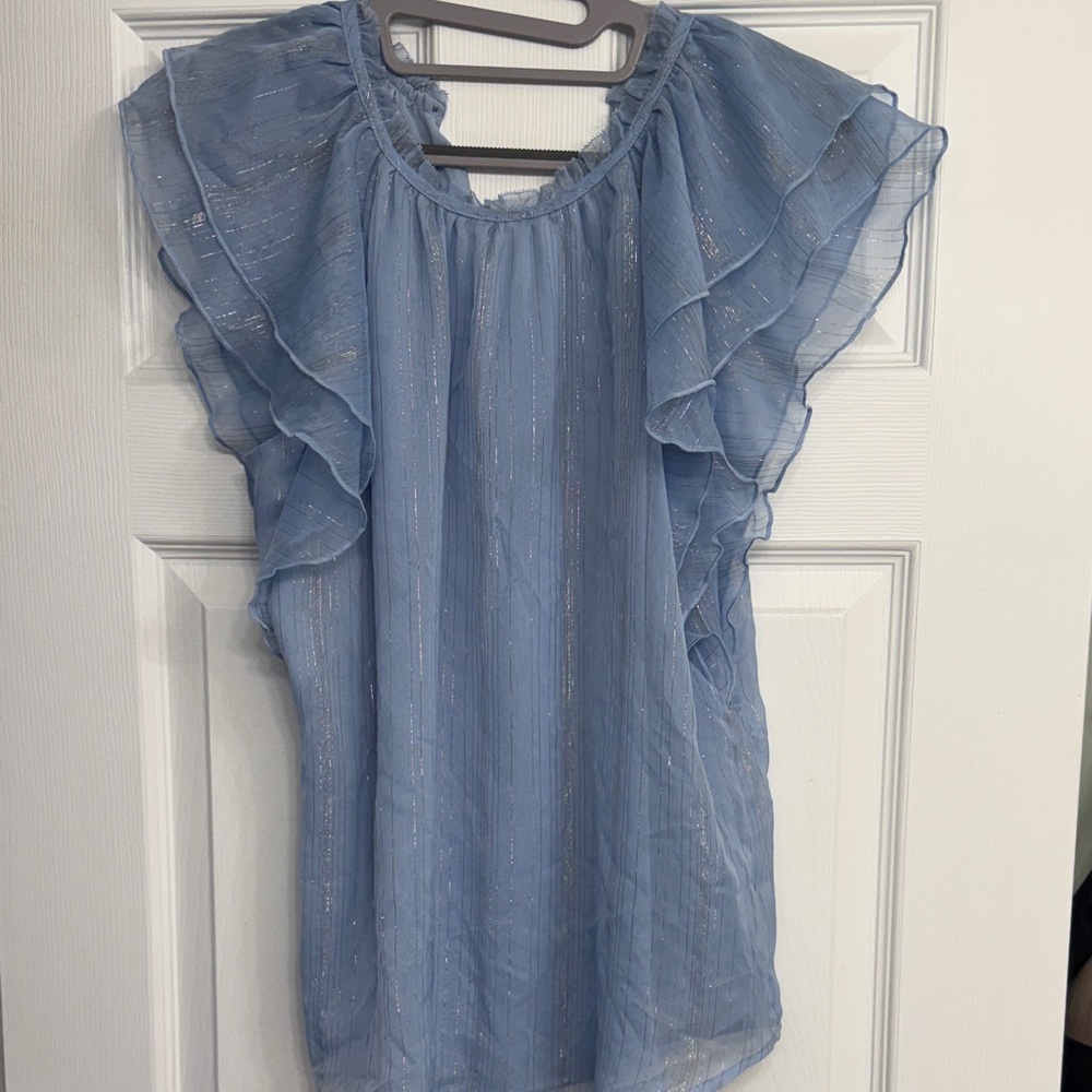 LOFT Elegant Ruffle Sleeve Blouse in Light Blue